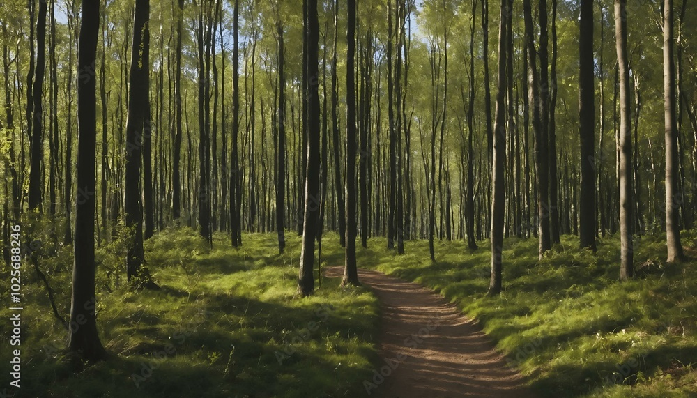 Obraz premium Tranquil forest path winding through lush green trees under soft sunlight