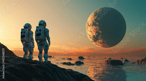 AI in space exploration, with robots landing on an alien planet
