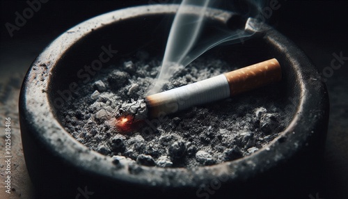 close-up of a cigarette resting in a bed of ashes within a round ashtray. The cigarette emits wisps of smoke, blending with the gray ash, addictive view