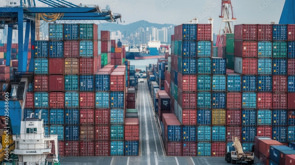 Fototapeta premium Colorful shipping containers stacked high in a busy port.