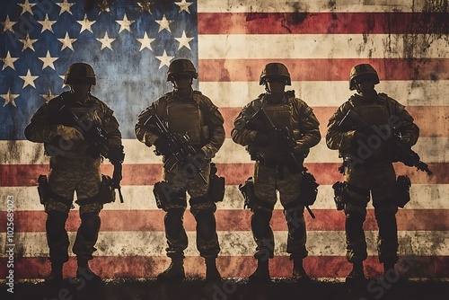 Four soldiers stand in silhouette against a faded American flag.