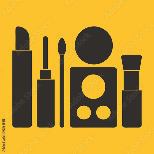 Black Makeup Cosmetics Icons on Yellow Background