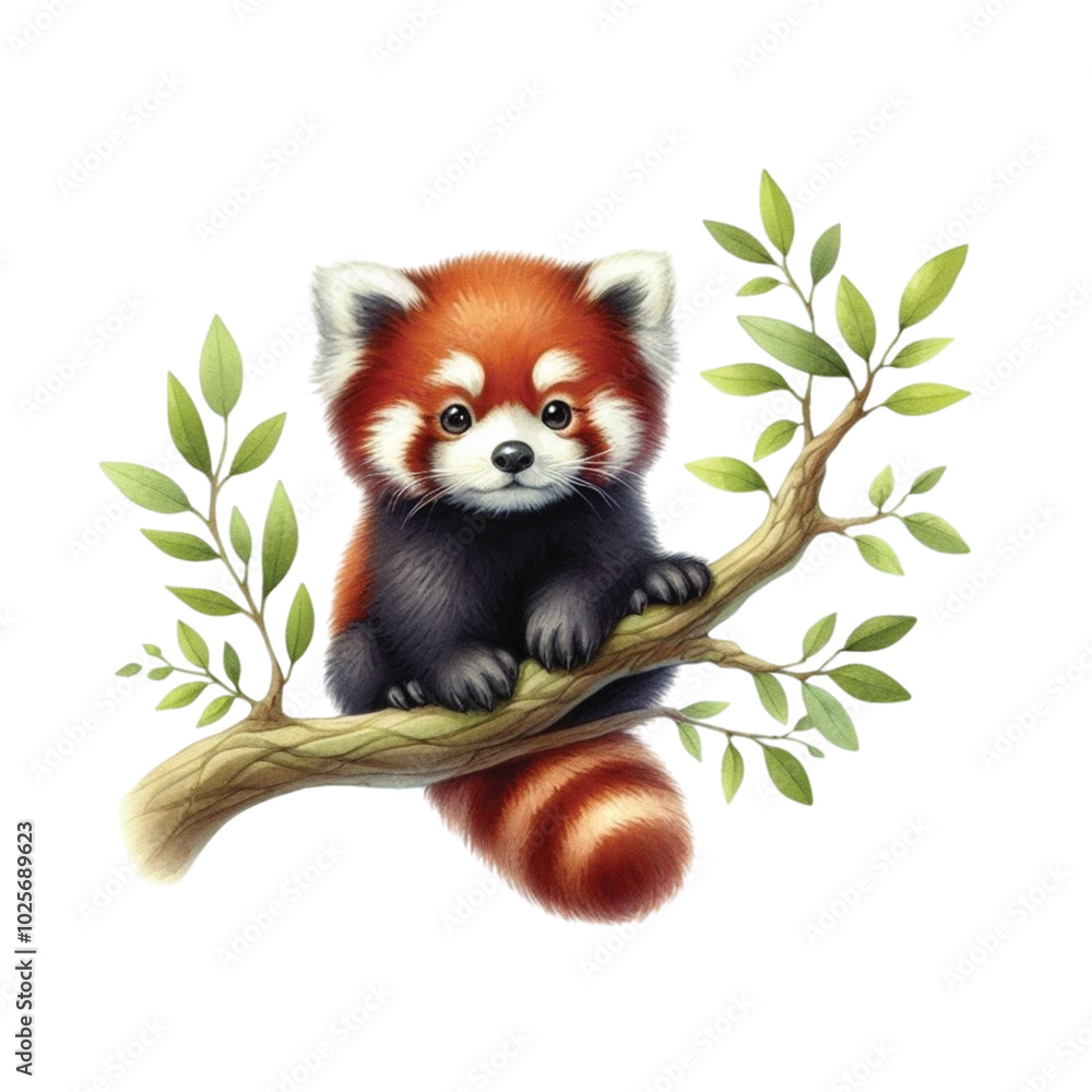Obraz premium Red panda sits on a branch clipart watercolor 