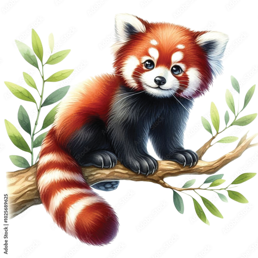 Obraz premium Red panda sits on a branch clipart watercolor 
