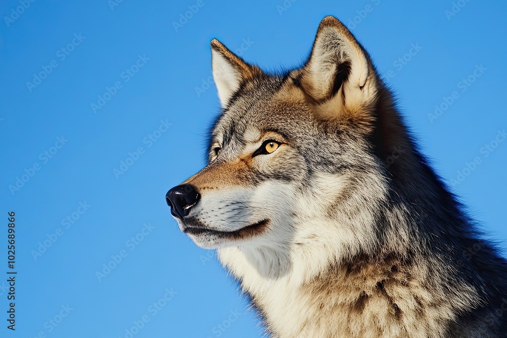 Close-up Portrait of a Gray Wolf with Yellow Eyes Against a Blue Sky Close-up Portrait of a Gray Wolf with Yellow Eyes Against a Blue Sky