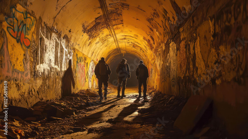 Explorers walking through a dark, forgotten underground tunnel system, surrounded by decaying infrastructure and graffiti-covered walls