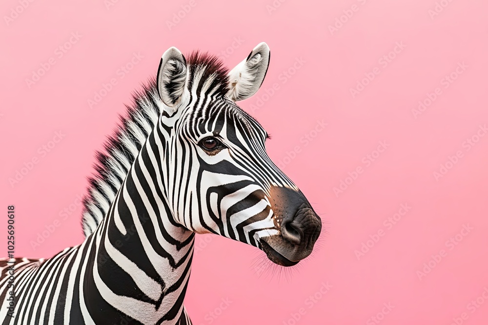 Close-up of Zebra's Head with Black and White Stripes Against a Pink Background Close-up of Zebra's Head with Black and White Stripes Against a Pink Background