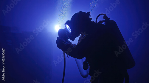 Welding in low-visibility water with an experienced diver using thermal cameras and specialized lights to guide the process in challenging conditions photo