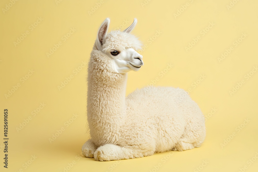 White Alpaca Lying on a Yellow Background White Alpaca Lying on a Yellow Background