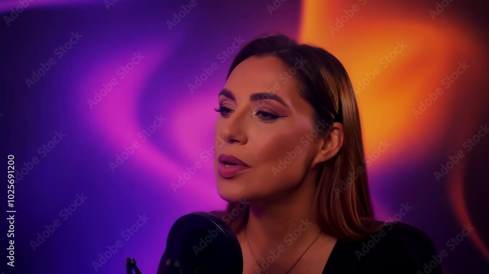 Female podcaster in vibrant studio with microphone and colorful lights Female podcaster in vibrant studio with microphone and colorful lights