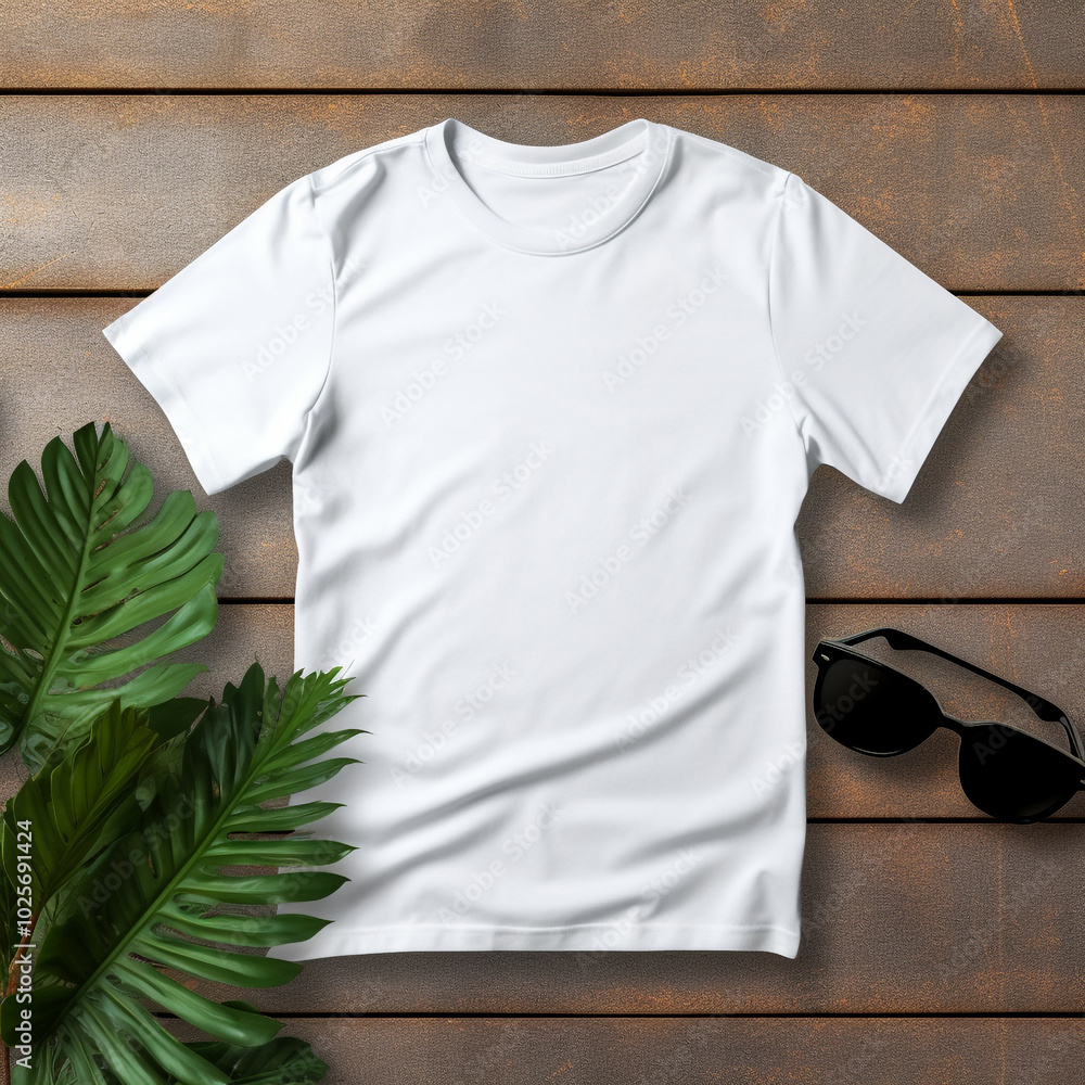 White T-Shirt Mockup with Sunglasses and Green Leaves Background White T-Shirt Mockup with Sunglasses and Green Leaves Background