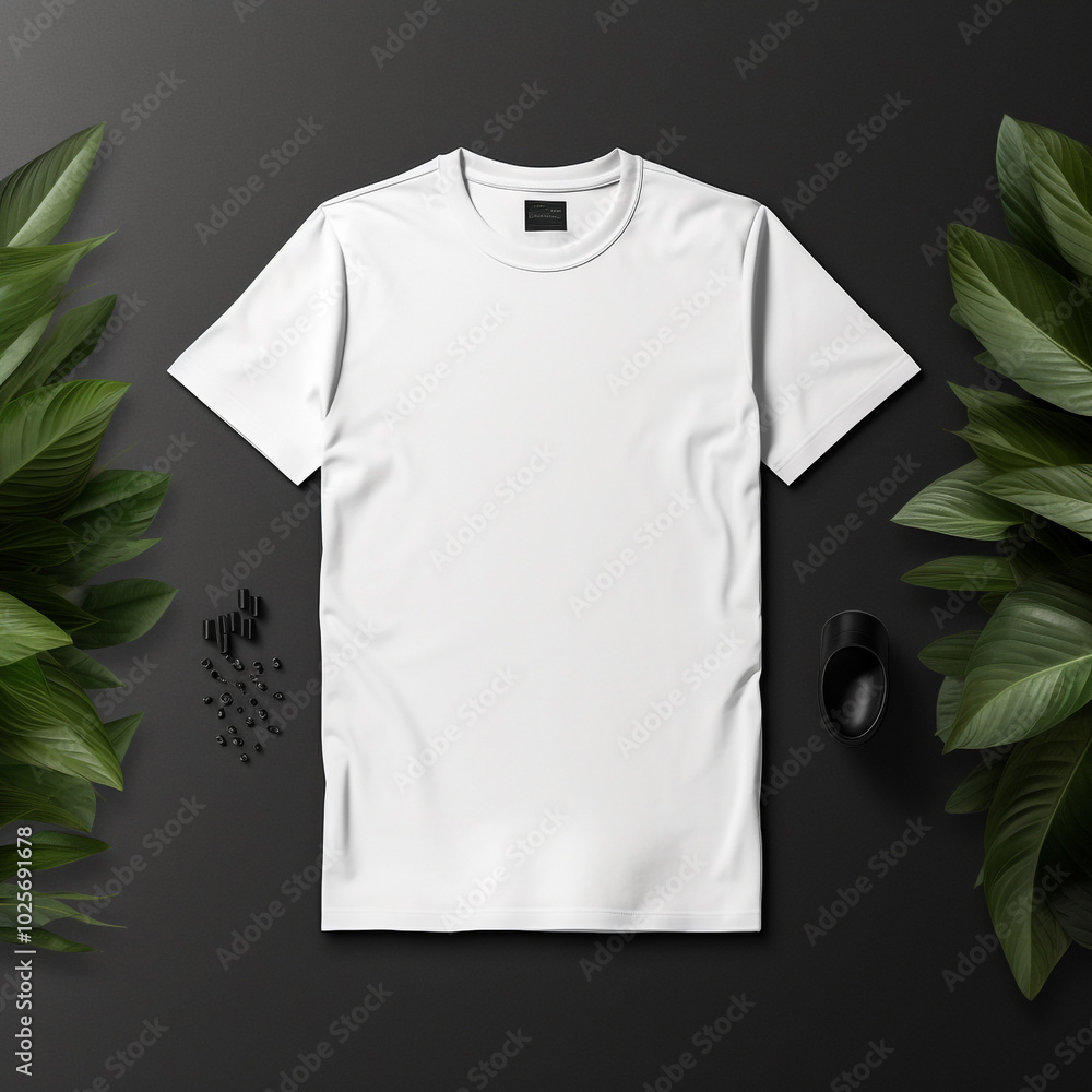 White T-Shirt Mockup with Sunglasses and Green Leaves Background White T-Shirt Mockup with Sunglasses and Green Leaves Background