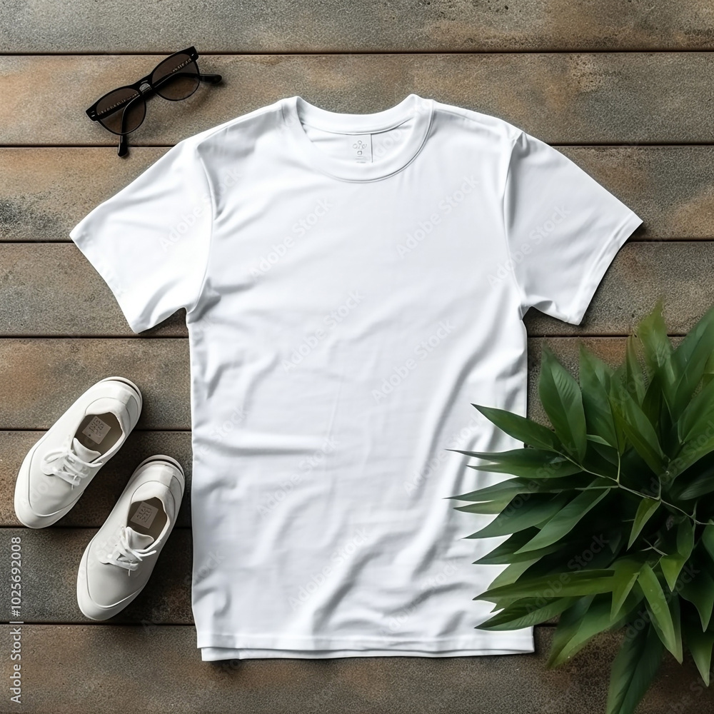 White T-Shirt Mockup with Sunglasses and Green Leaves Background White T-Shirt Mockup with Sunglasses and Green Leaves Background