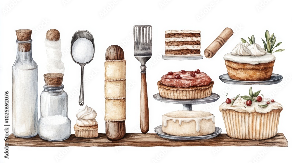 Whimsical Bakery Elements on White Background Background Whimsical Bakery Elements on White Background Background
