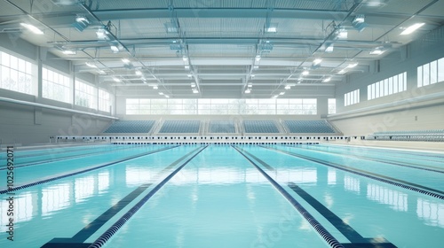 A modern Olympic-sized swimming pool filled with crystal-clear turquoise water, with sleek lane dividers and empty bleachers in the background.