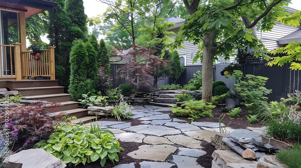 A beautiful small urban backyard garden featuring a tumbled paver patio flagstone stepping stones and a variety of trees shrubs and perennials add colour and year round interest