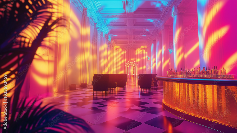 Obraz premium Lavishly decorated party room with vibrant video mapping, setting a high-end event mood