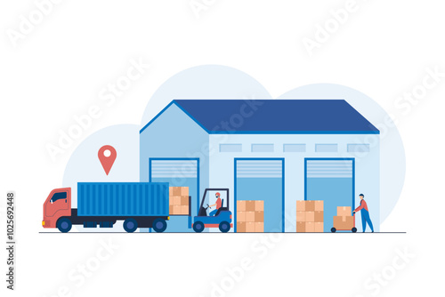Commercial Truck for Regional Transportation Solutions with Forklift Loading Pallets in Distribution Center. Efficient Cargo Handling and Distribution.