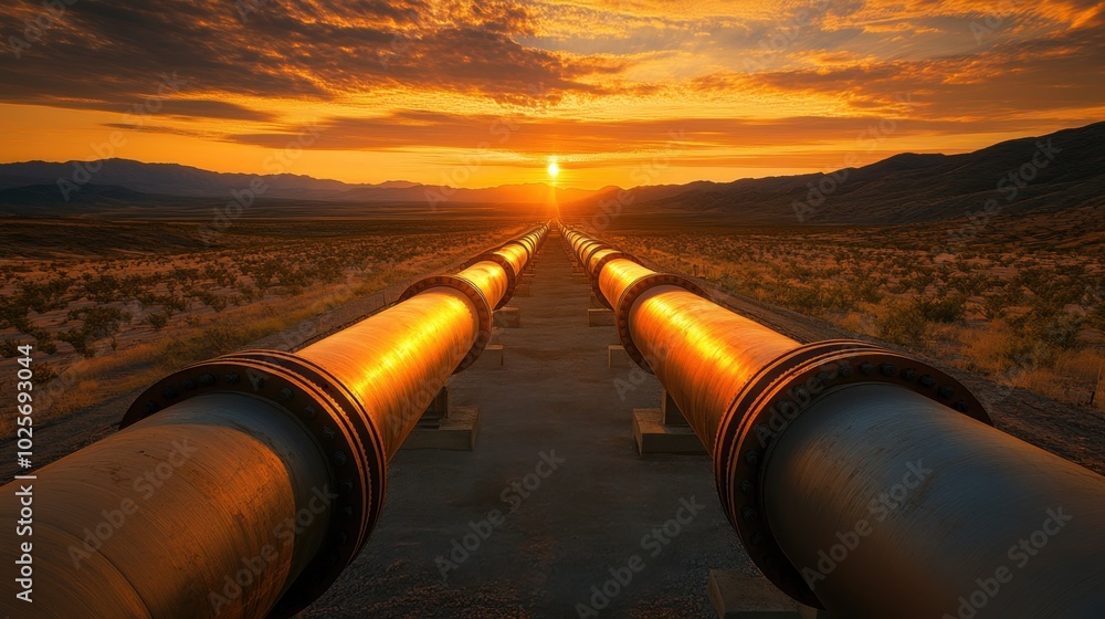 Crude Oil Pipes at Sunset Under Dramatic Sky