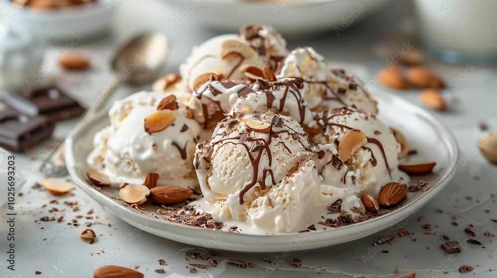 A cracked and bitten ice cream with almonds and chocolate coating on a plate A cracked and bitten ice cream with almonds and chocolate coating on a plate