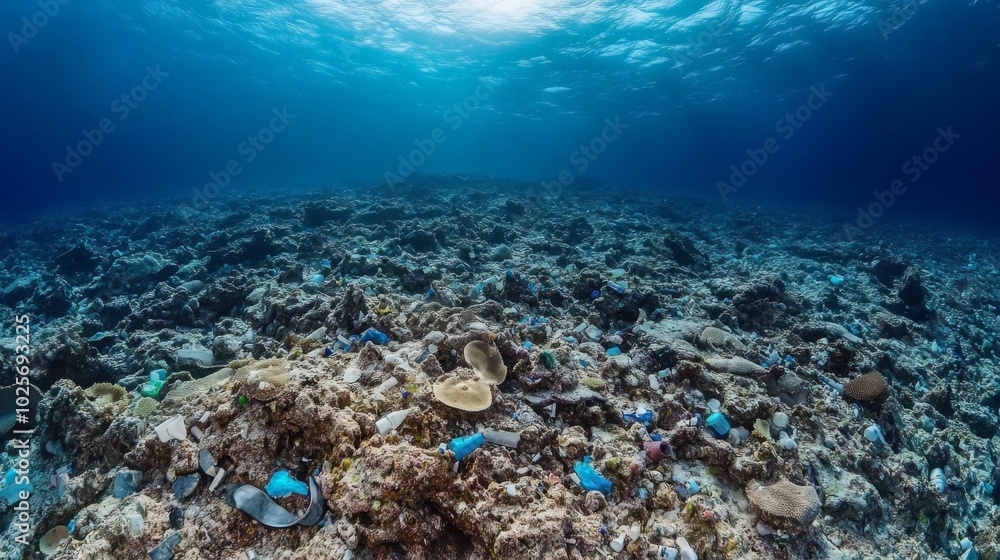 Fototapeta premium Underwater Coral Reef Covered in Plastic Pollution