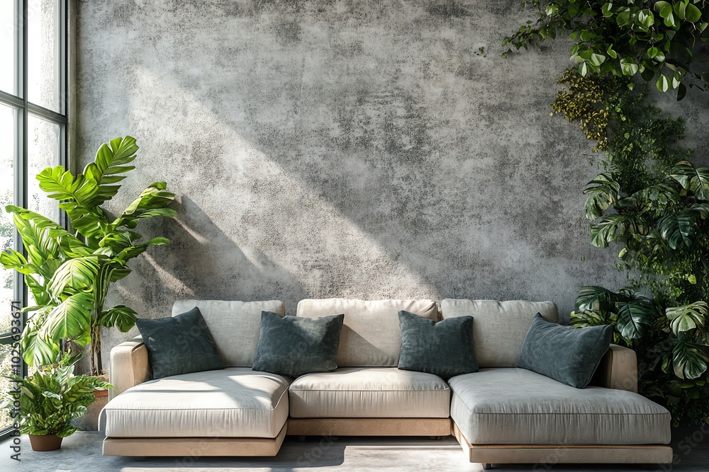 Stylish living room with greenery and cozy sofa. Stylish living room with greenery and cozy sofa.