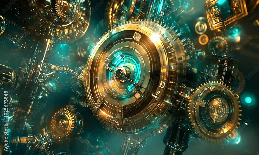 A futuristic, abstract depiction of intricate gears and machinery, glowing with teal and gold hues. A futuristic, abstract depiction of intricate gears and machinery, glowing with teal and gold hues.