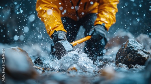 Adventurer Breaking Rocks in Flowing Stream amid Rain photo