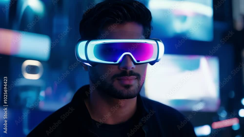 Futuristic man wearing neon vr glasses in a blue neon-lit room Futuristic man wearing neon vr glasses in a blue neon-lit room