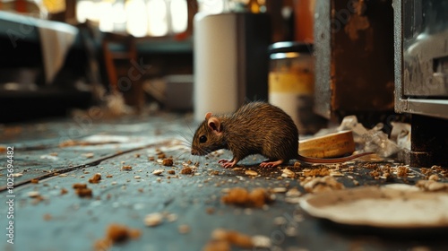 A rat scavenging for food on a messy restaurant kitchen floor littered with crumbs, emphasizing the consequences of poor cleaning practices. photo