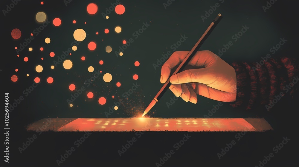 A hand skillfully creating vibrant light patterns with a pencil. A hand skillfully creating vibrant light patterns with a pencil.