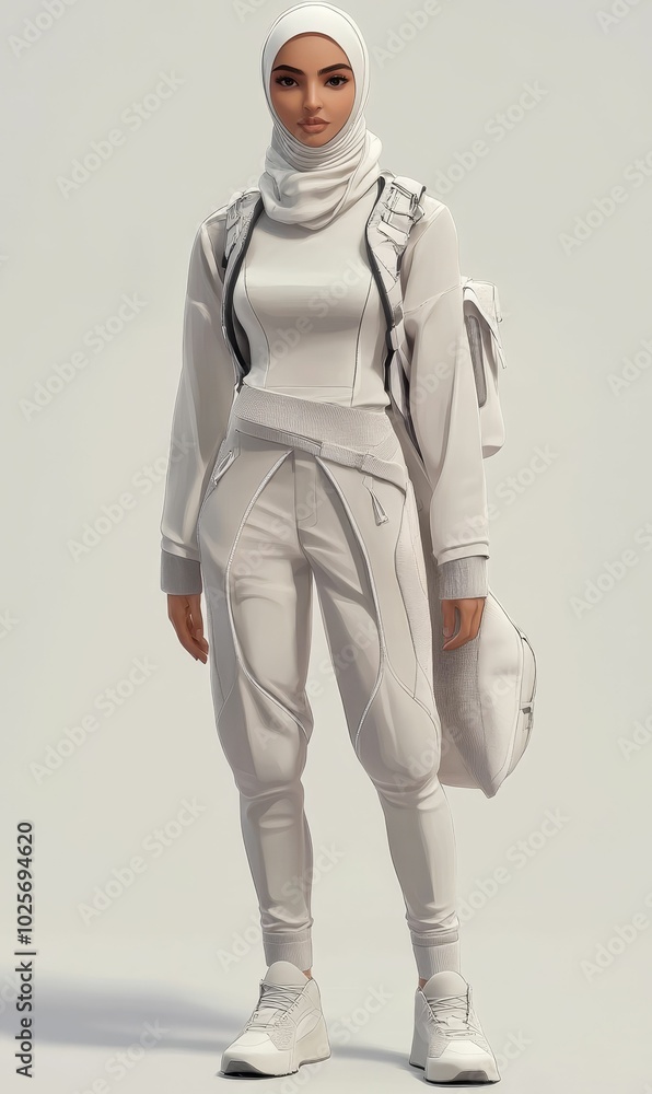 A woman in all white outfit and shoes. A woman in all white outfit and shoes.