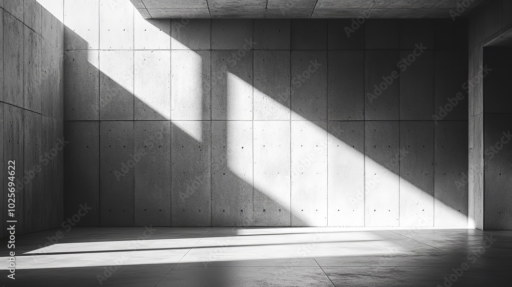 Abstract of architecture space with rhythm of concrete block with sun light cast shadow on the wall. Cement texture. 3D rendering, Generative AI Abstract of architecture space with rhythm of concrete block with sun light cast shadow on the wall. Cement texture. 3D rendering, Generative AI