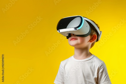 Kid with a virtual reality headset on a yellow background 