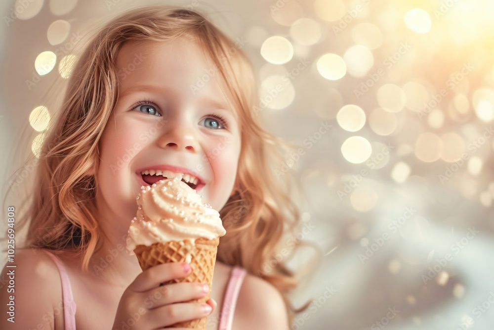 Cute happy little girl eating ice cream in a cone Cute happy little girl eating ice cream in a cone