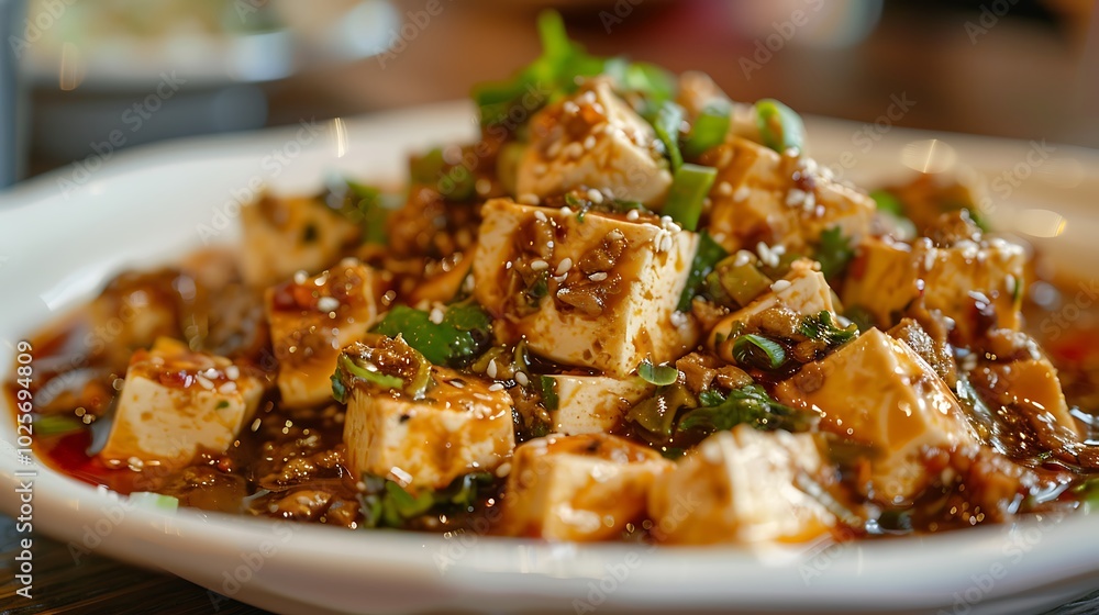 A plate of cooked mapo tofu A plate of cooked mapo tofu