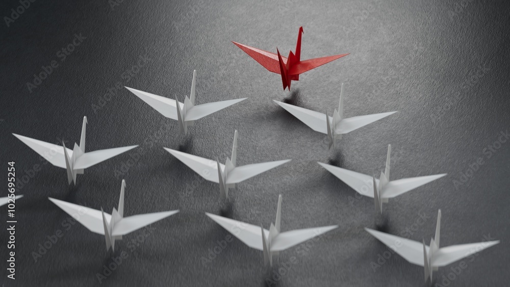 Different business concept.new ideas. paper art style.Leaderswan concept with red paper swan leading among white swans.3D rendering on black background.
Different business concept.new ideas. paper art style.Leaderswan concept with red paper swan leading among white swans.3D rendering on black background.