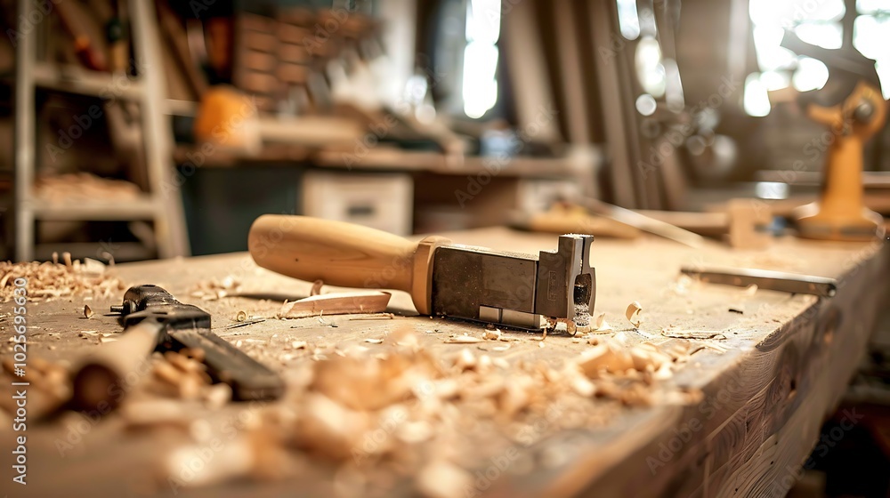 a tools in carpentry repair shop lying on a workbench a tools in carpentry repair shop lying on a workbench