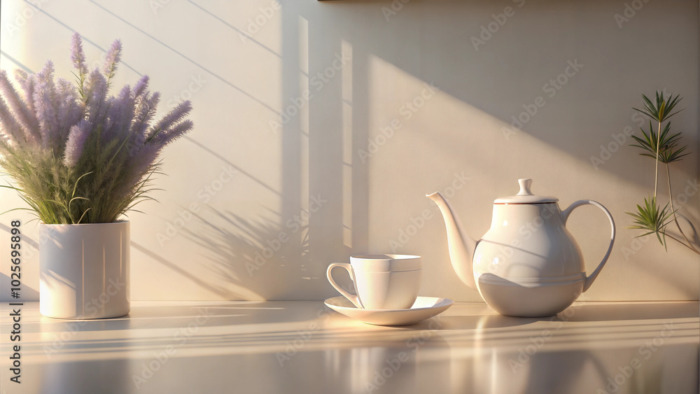 Fototapeta premium Minimalist lavender tea set, white teapot and cup, lavender bouquet in a Sunny office space
