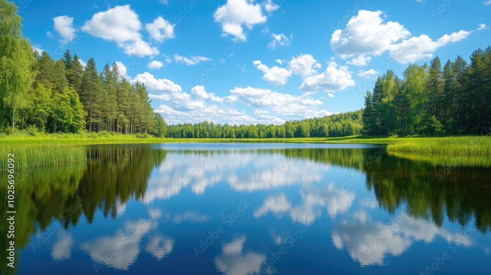 Obraz premium A serene lake mirrors the vibrant green trees and clear blue sky, with fluffy clouds above, creating a tranquil scene of natural harmony