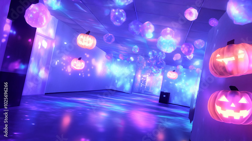 Fototapeta Naklejka Na Ścianę i Meble -  Jack-o'-lanterns illuminate a mysterious blue liminal space with their glowing presence
