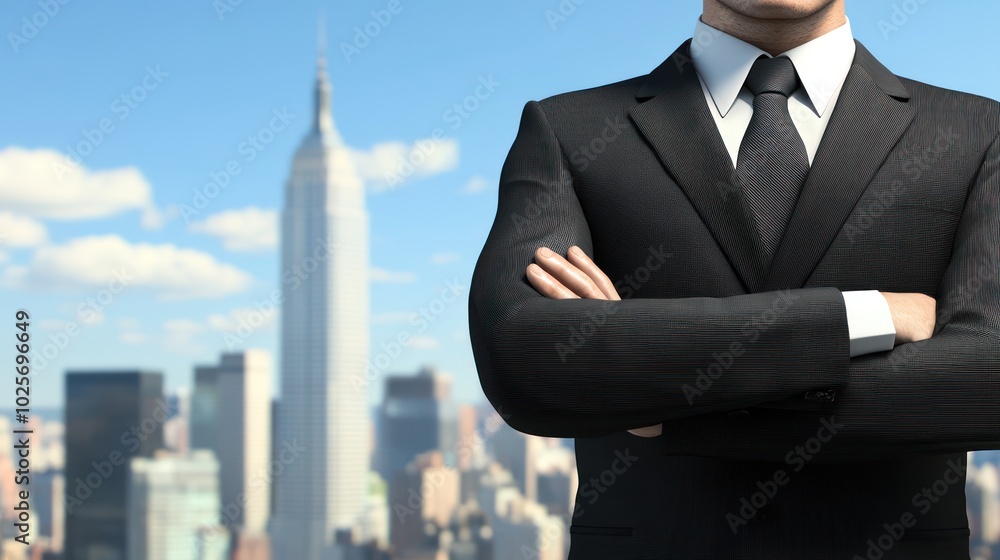 Elite Bodyguard in Black Suit Stands Vigilant with City Skyline Background Elite Bodyguard in Black Suit Stands Vigilant with City Skyline Background