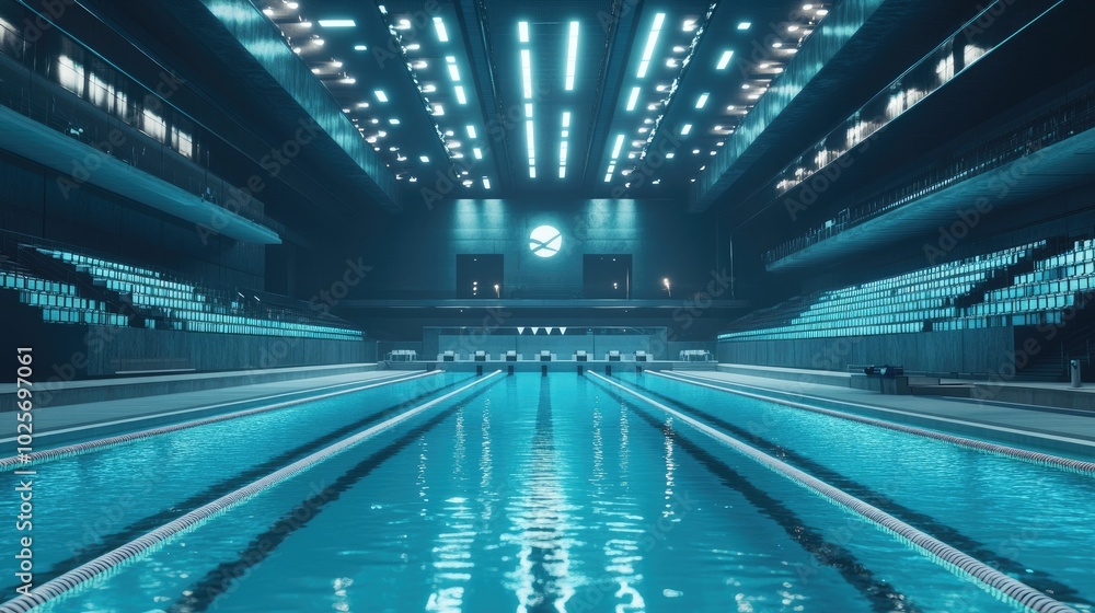 A sleek, modern Olympic pool with sparkling turquoise water and empty lanes, surrounded by silent spectator stands, A sleek, modern Olympic pool with sparkling turquoise water and empty lanes, surrounded by silent spectator stands,