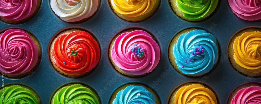 Colorful cupcakes with swirled frosting in various shades, arranged in rows, create a vibrant and appetizing visual display. Colorful cupcakes with swirled frosting in various shades, arranged in rows, create a vibrant and appetizing visual display.