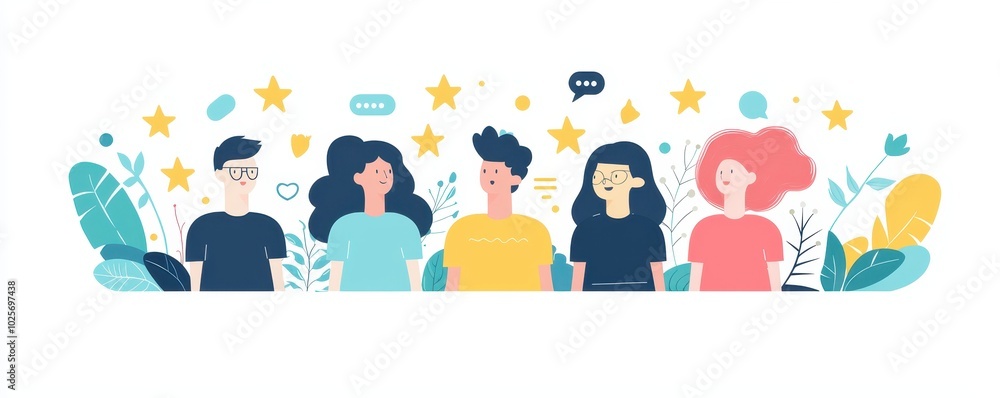 Colorful illustration of diverse group of people with different hairstyles and expressions surrounded by decorative elements and speech bubbles. Colorful illustration of diverse group of people with different hairstyles and expressions surrounded by decorative elements and speech bubbles.