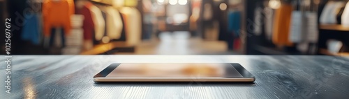 Modern workspace with a sleek tablet on a desk in a blurry office environment, offering a minimalist and professional setting.