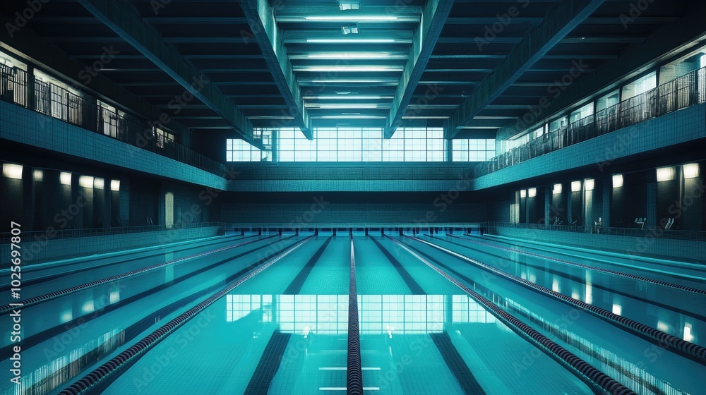 A sleek, modern Olympic pool with sparkling turquoise water and empty lanes, surrounded by silent spectator stands, A sleek, modern Olympic pool with sparkling turquoise water and empty lanes, surrounded by silent spectator stands,
