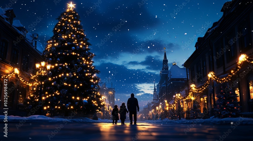 Fototapeta premium Family stroll under festive lights in a snowy Christmas town