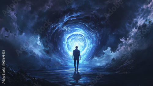 Man Walking Through an Infinite Tunnel Illuminated by Blue Light, Dark Cloudy Sky Above, with a Mysterious and Terrifying Atmosphere as His Silhouette is Highlighted by a White Circle in Front