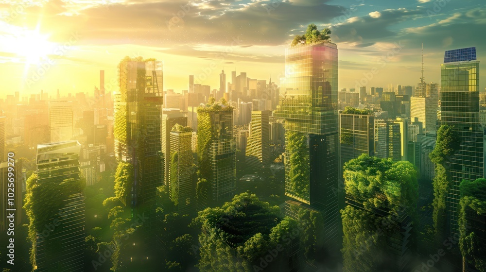 Obraz premium A Cityscape of Glass Towers with Rooftop Gardens at Sunset